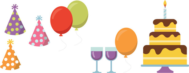 Colorful Birthday Party Elements Vector – Balloons, Cake, and Hats on White Background