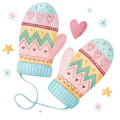 Colorful mittens with hearts and patterns hang against a bright background for winter decoration