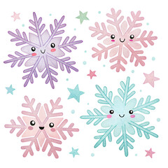 Cute cartoon snowflakes with smiling faces and pastel colors create a cheerful winter theme for decoration