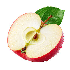 A halved, bright red apple, core exposed, with green leaf against a black background