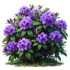 Bush with vibrant purple blossoms and lush green leaves, rendered in a painterly style