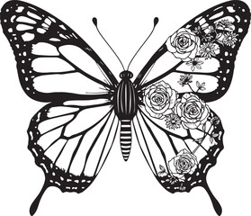 Floral Butterfly Black and White Illustration,
Half Butterfly Half Flowers Vector Art,
Decorative Butterfly with Floral Wing Design