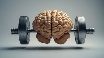 Brain Power: A metaphor for intellectual growth, showcasing a brain lifting a dumbbell, symbolizing mental strength and cognitive exercise. 