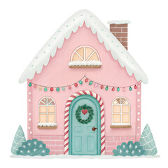 Colorful winter house decorated with lights and a wreath for the holiday season