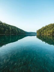 Fototapeta premium Serene turquoise lake with forest reflection under clear summer sky