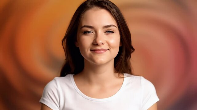 Smirking Brunette Woman Portrait with Abstract Background