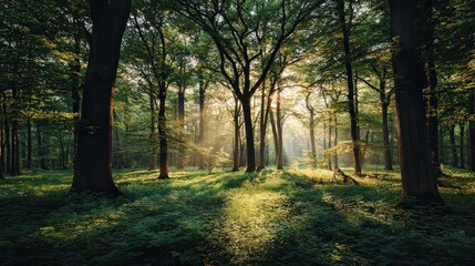 Fototapeta premium Sunlit Forest Interior With Dense Vegetation And Trees Sunlight Filtering Through Green Leaves