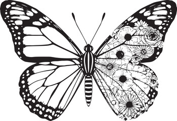 Floral Butterfly Black and White Illustration,
Half Butterfly Half Flowers Vector Art,
Decorative Butterfly with Floral Wing Design