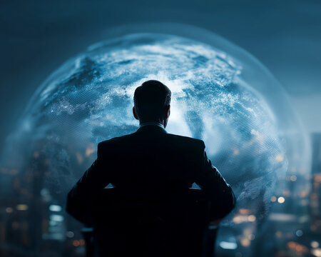 Tech ceo silhouette gazing at futuristic globe cityscape symbolizing global innovation