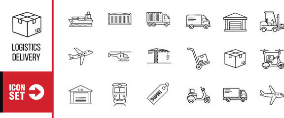 Logistics and delivery icon set featuring transportation and shipping