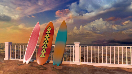 Surfboards leaning against a fence on the seashore
