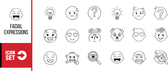 Icon set of hand drawn facial expressions with different emotions