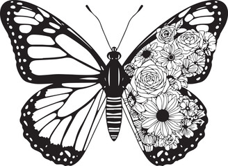 Floral Butterfly Black and White Illustration,
Half Butterfly Half Flowers Vector Art,
Decorative Butterfly with Floral Wing Design