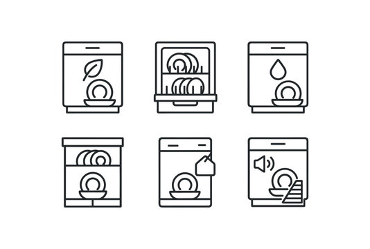 simple outline stroke icon isolated on white background eco mode compact dishwasher pull tray model low water use dishwasher integrated control panel unit rental suitable model energy