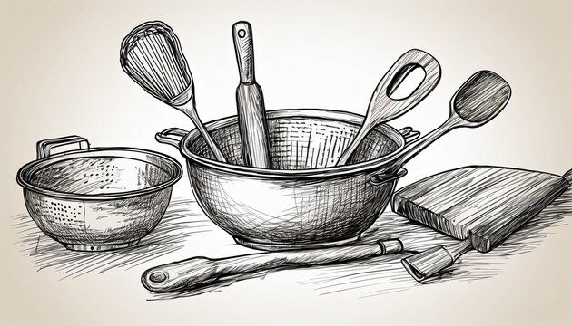 kitchen utensils in sketch style hand drawn colander spoon rolling pin spatula
