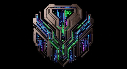 Futuristic abstract digital circuit board design with glowing neon blue green and purple lights on black background