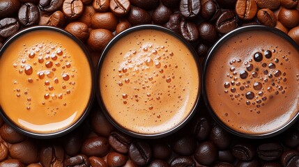 A Trio of Delights: A close-up shot showcasing three different cups of coffee, each with a unique crema and intensity, elegantly presented amid a backdrop of roasted coffee beans.