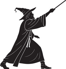 Black silhouette vector illustration of a Wizard casting spell