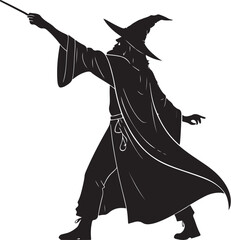 Black silhouette vector illustration of a Wizard casting spell