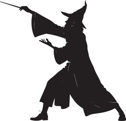 Black silhouette vector illustration of a Wizard casting spell