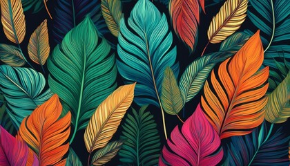tropical pattern with multicolored hand drawn leaves and dark background leaves pattern