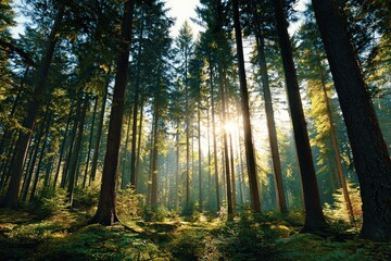 Obraz premium Sunlit Forest with Tall Trees and Lush Greenery in a Morning Glow Tranquil Woods Scenery with Sun Rays Filtering Through Pine Needles in Nature Landscape