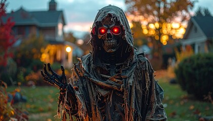 Creepy Halloween Grim Reaper with Glowing Red Eyes Outdoors at Dusk
