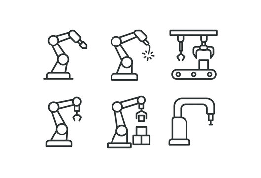 simple outline stroke icon isolated on white background 6 axis robotic welding robot assembly line robot pick and place palletizing robot SCARA robot