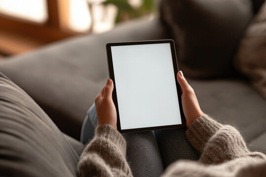 Woman's hands holding blank tablet screen on cozy couch at home for digital content creation or browsing