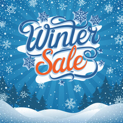 Winter banner, winter sale, trees and snowdrifts, snowfall and snowflakes, vector design