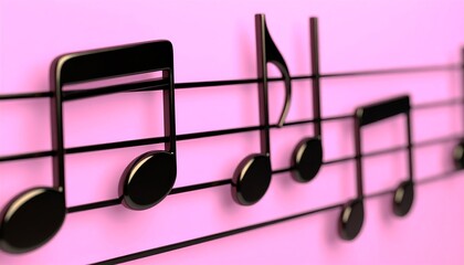 Fototapeta premium A close-up perspective of glossy black three-dimensional musical notes on a staff, creating a beautiful melody concept against a vibrant pink background with a shallow depth of field