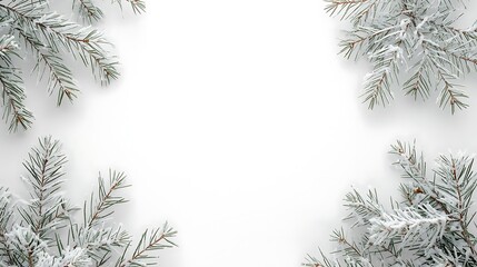 Winter frosty pine branches frame on white background