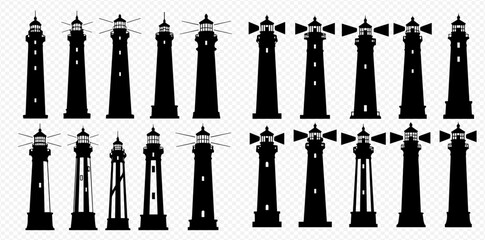 Detailed vector silhouettes of various lighthouses, some with radiating light beams, on a transparent background.
