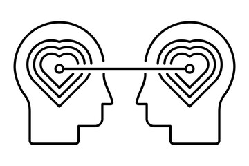 Two heads connected through hearts, symbolizing empathy, love, understanding and emotional connection. Human relationship concepts. psychology, communication and compassion. Vector illustration.  