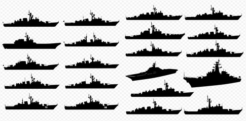 A collection of black silhouettes depicting various military warships and naval vessels. © Adji