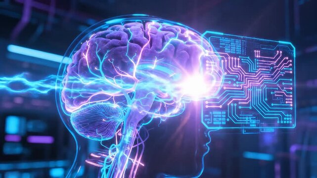 Neural interface processing complex data. Artificial intelligence concept with glowing brain connections. Panning shot.