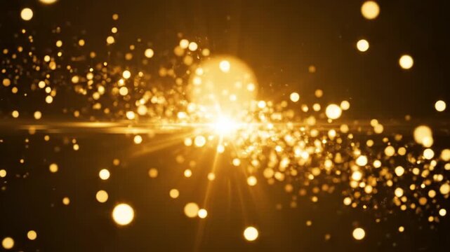 Abstract Golden Light and Bokeh Particles - This video showcases a dynamic scene of shining golden light with numerous bokeh particles spread across a dark background.