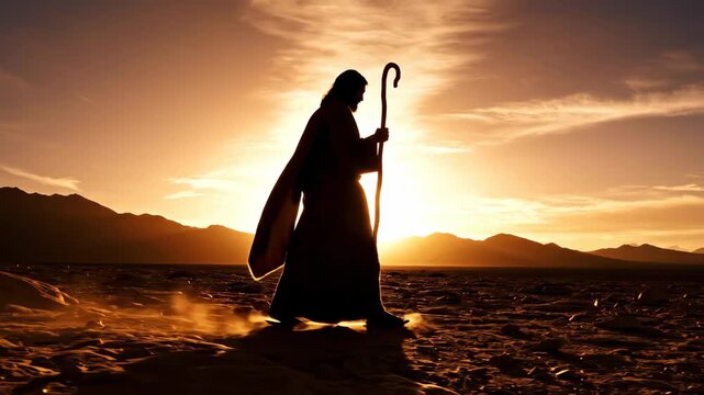 Silhouette of a Man Walking in the Desert at Sunset - A low-angle shot captures the silhouette of a man walking in a desolate wilderness with a shepherd's crook, illuminated by the warm light of the