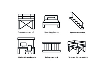 simple outline stroke icon isolated on white background steel supported loft sleeping platform open stair access under loft workspace railing overlook wooden deck structure © Design Ful