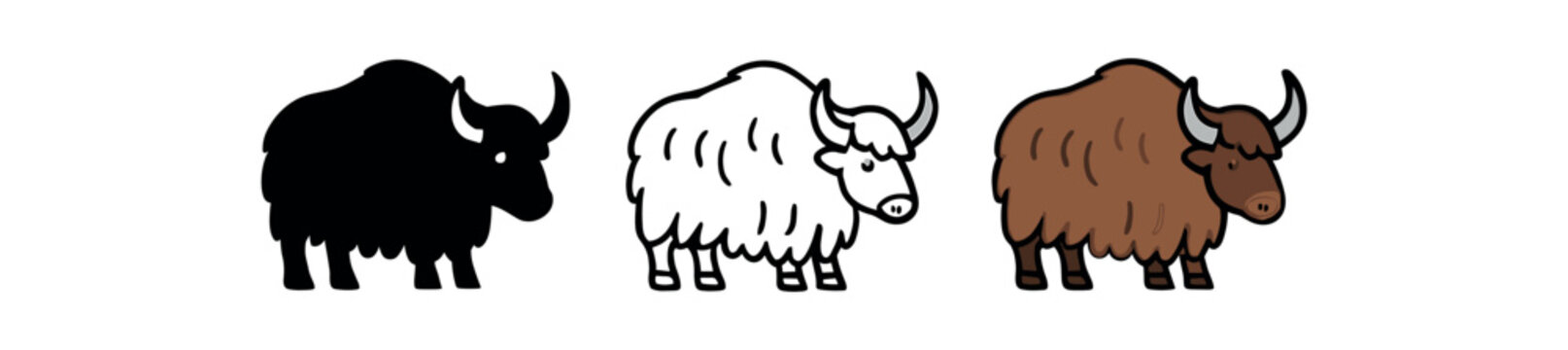 yak shaggy ox icon on white background Black silhouette flat icon outline icon and colored icon style. three minimal vector icon style