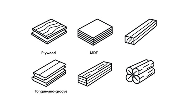 simple outline stroke icon isolated on white background plywood sheets MDF board pile cedar trim stock tongue and groove panels laminated veneer lumber cross braced wood stack