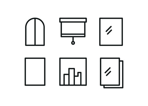 simple outline stroke icon isolated on white background arched top window blackout shade system reflective film glass curtainless design panoramic urban view double pane insulation