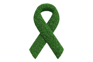 A textured green awareness ribbon, resembling crushed powder or leaves, symbolizing support for health and environmental causes on a solid background. background removed
