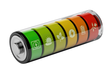 A colorful battery displaying icons for charging, solar, renewable energy, and grid power, symbolizing energy efficiency and sustainable power solutions. background removed