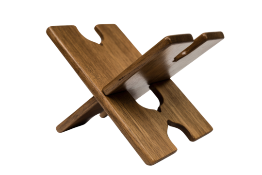 A rustic, collapsible wooden wine bottle holder or drying rack. This cross-shaped stand is perfect for horizontal storage or air-drying bottles. background removed