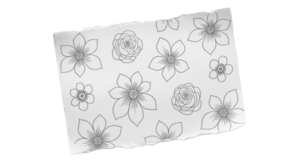White torn paper features hand-drawn black outline floral illustrations, including roses and simple flowers, offering a delicate, decorative design element. background removed