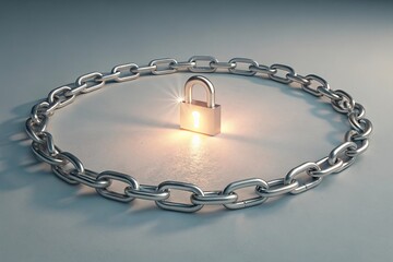 Glowing silver padlock protected within a chain circle