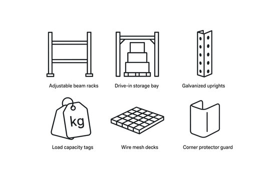 simple outline stroke icon isolated on white background adjustable beam racks drive storage bay galvanized uprights load capacity tags wire mesh decks corner protector guards