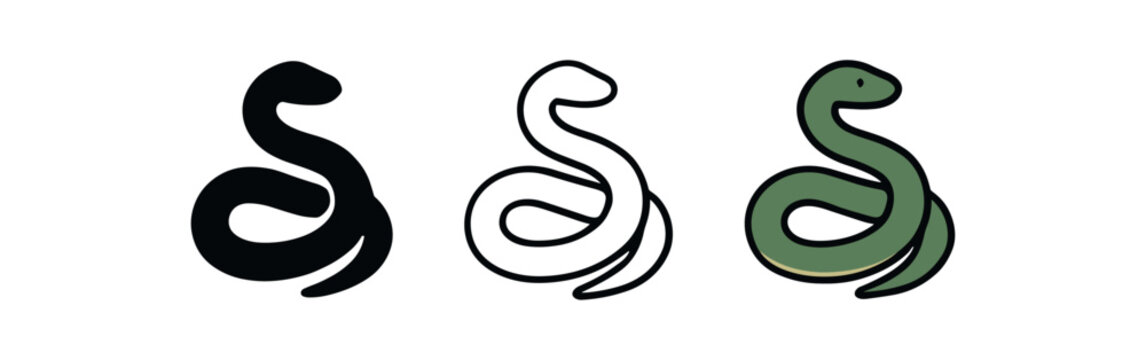 snake coiled reptile icon on white background Black silhouette flat icon outline icon and colored icon style. three minimal vector icon style