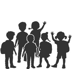 Three children are sitting and reading books in silhouette against a white background in a row image